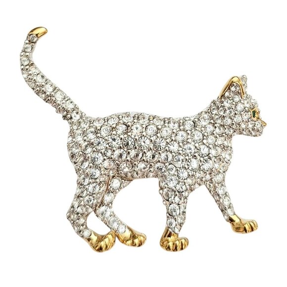 Swarovski Clear Rhinestone Cat Brooch Marked With Swan Logo - Picture 2 of 10